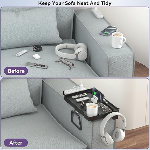 Bandeja de Apoio de Sofá 5 em 1 – Grande Capacidade com Suporte para Copo, Tablet e Telemóvel, Orifícios para Cabos, Ganchos Ocultos e Suporte para Extensão