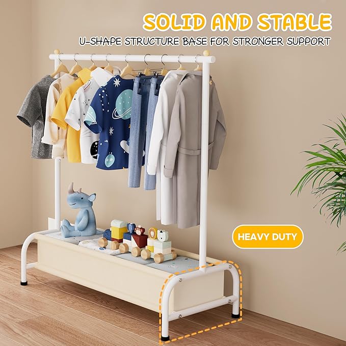 Suporte de Cabides Infantil com Cesto — Estrutura Metálica Estável, 114 cm, Ideal para Quarto, Roupa de Criança e Organização