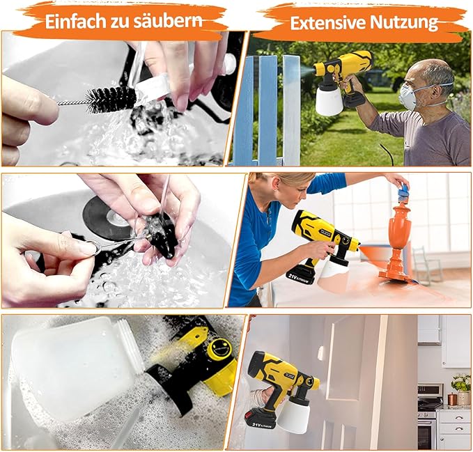 Pistola de Pintura Elétrica a Bateria 21V 600W – Depósito 1000 ml, 6 Bicos, 3 Modos de Pulverização (Amarela)