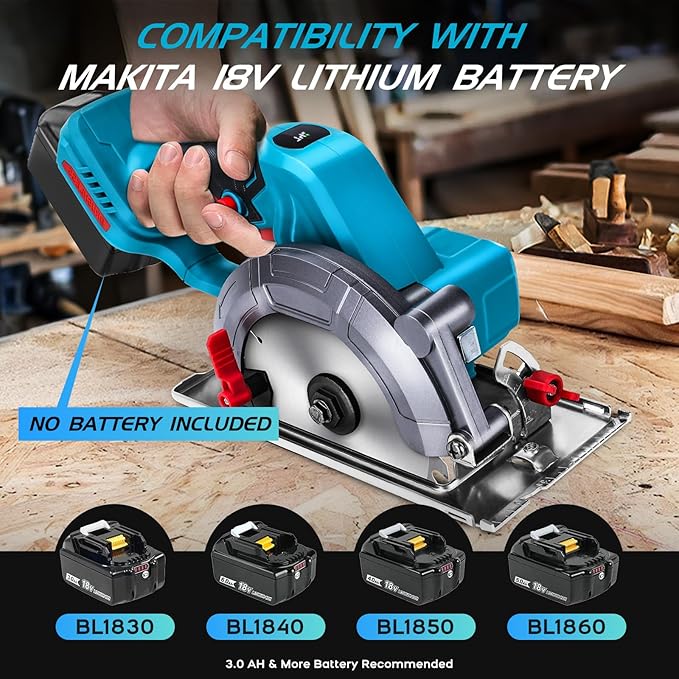 Serra circular manual com bateria, 6 polegadas, sem escova, mini serra circular compatível com bateria Makita de 18 V com 2 lâminas de serra, ecrã digital, ângulo ajustável de 0 a