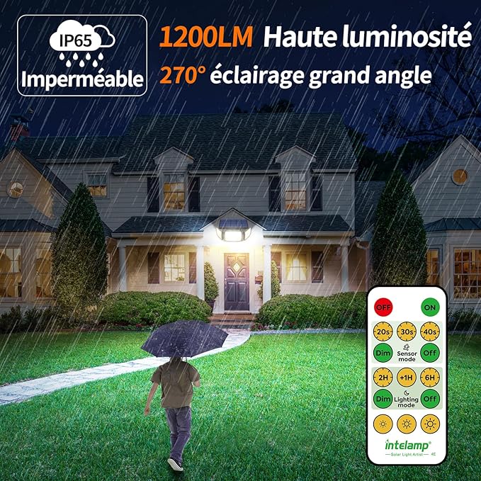 INTELAMP Lâmpada Solar Exterior com Sensor de Movimento e Comando Remoto – 6000 mAh, 4 Modos, Ângulo 270°, à Prova de Água