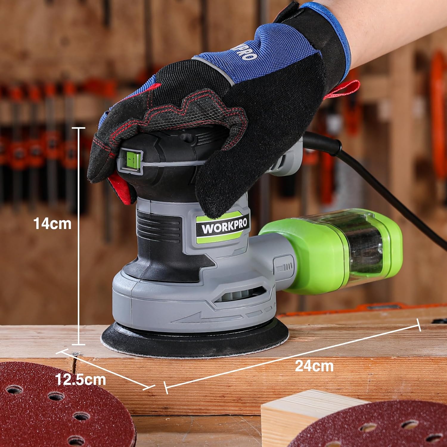 Lixadora Orbital Excêntrica 125 mm WORKPRO 300W com Aspiração e 20 Lixas