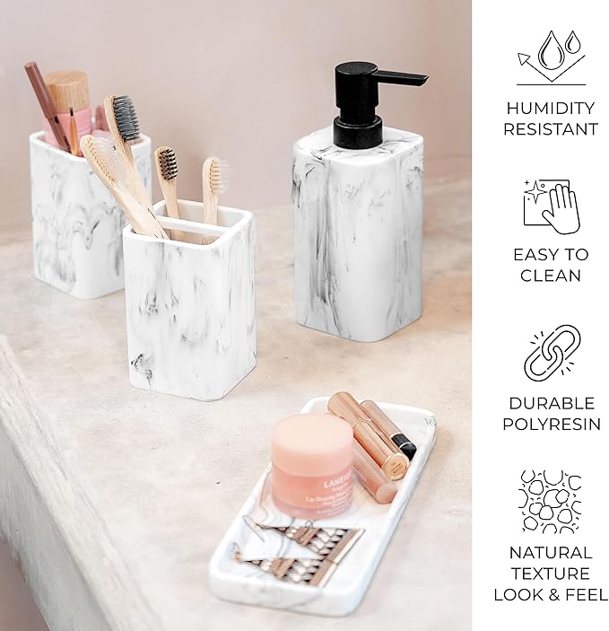 Conjunto de Acessórios de Casa de Banho ZCCZ – 4 Peças com Efeito Mármore Branco