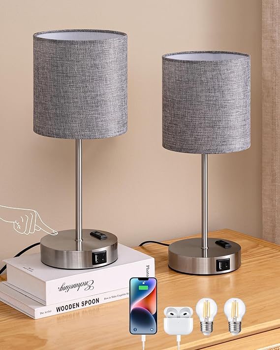Candeeiro de Mesa EDISHINE LED – Conjunto de 2 Lâmpadas de Cabeceira Táctil com 2 Portas USB e Tomada, Moderno, Cinzento