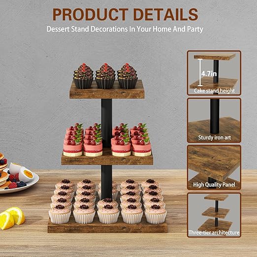 Suporte de Cupcakes IBUYKE em Madeira – Torre 3 Níveis Quadrada, Castanho Rústico