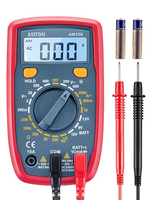 Multímetro Digital Portátil AstroAI AM33D – Testador Elétrico Multifuncional AC/DC (Voltagem, Corrente DC, Resistência, Continuidade e Díodos)