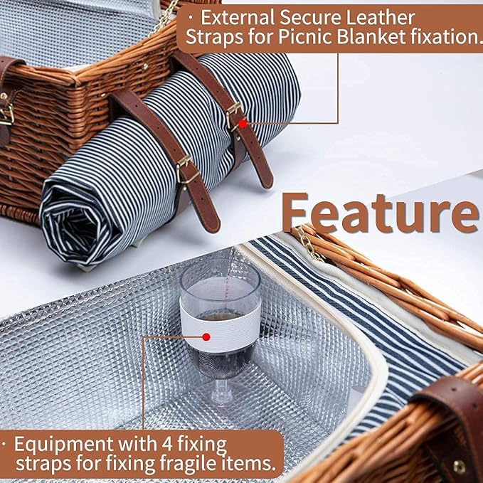 Cesto de Piquenique em Vime para 4 Pessoas NUKied com Louça, Bolsa Térmica e Manta 🧺