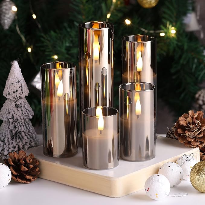 Conjunto de 5 Velas LED Slim em Vidro Cinza com Comando – Sem Chama, Efeito Tremeluzente