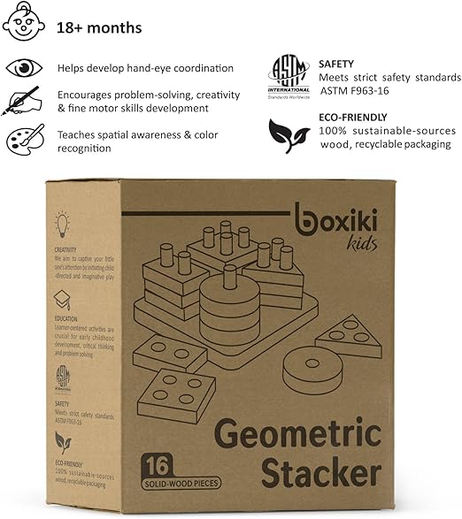 Brinquedo de Empilhar em Madeira – Formas Geométricas Educativas | Boxiki Kids