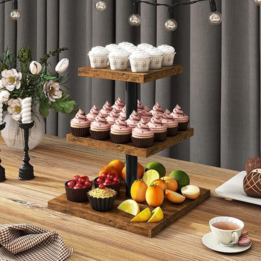 Suporte de Cupcakes IBUYKE em Madeira – Torre 3 Níveis Quadrada, Castanho Rústico