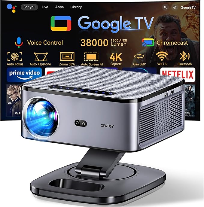 Projetor 4K XIWBSY com Google TV, 1500 ANSI, Suporte Giratório 360°, WiFi 6 e Bluetooth 5.3, Controle por Voz, Portátil