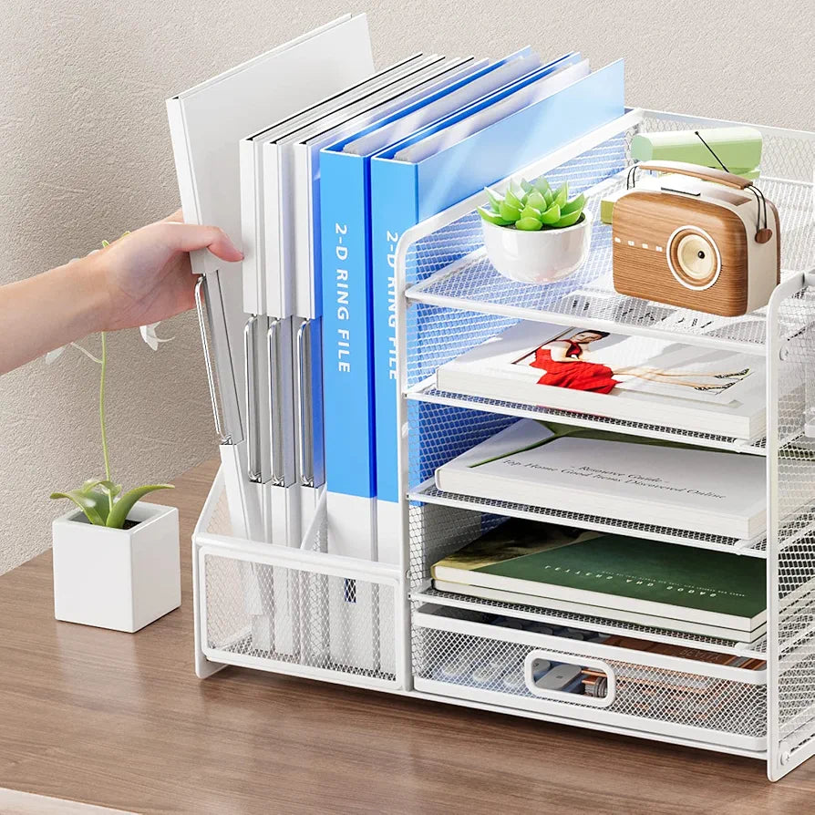 Marbrasse Organizador de secretária, 5 níveis organizador de bandeja de papel de malha, com gaveta e 2 suportes para canetas esferográficas, organizador de secretária armazenamento para casa