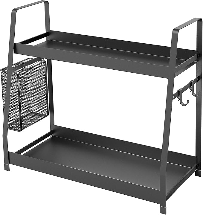 OROPY Prateleira Organizadora 2 Camadas para Bancada – Metal Preto com Cesta Suspensa e Ganchos