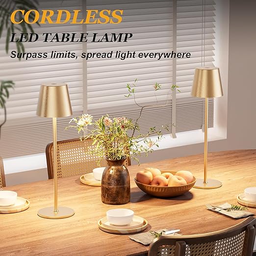 Conjunto de 2 Candeeiros de Mesa Sem Fios PreeOtti – LED Regulável, Toque, 3 Temperaturas de Cor, USB-C, Dourado