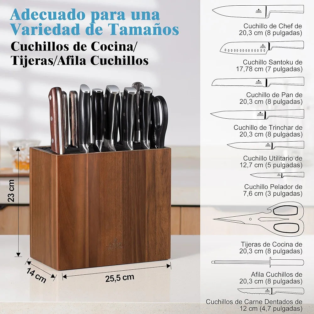 ENOKING Suporte facas de cozinha de madeira de acácia, suporte de facas de cozinha universal com tampa de plástico, suporte facas para facas e tesouras/haste de afiar