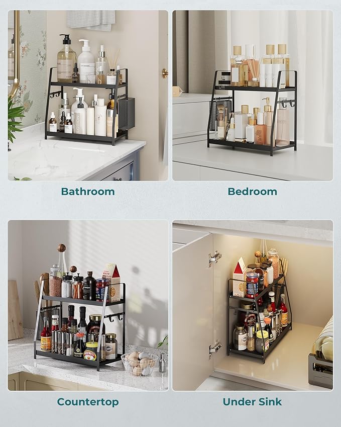 OROPY Prateleira Organizadora 2 Camadas para Bancada – Metal Preto com Cesta Suspensa e Ganchos