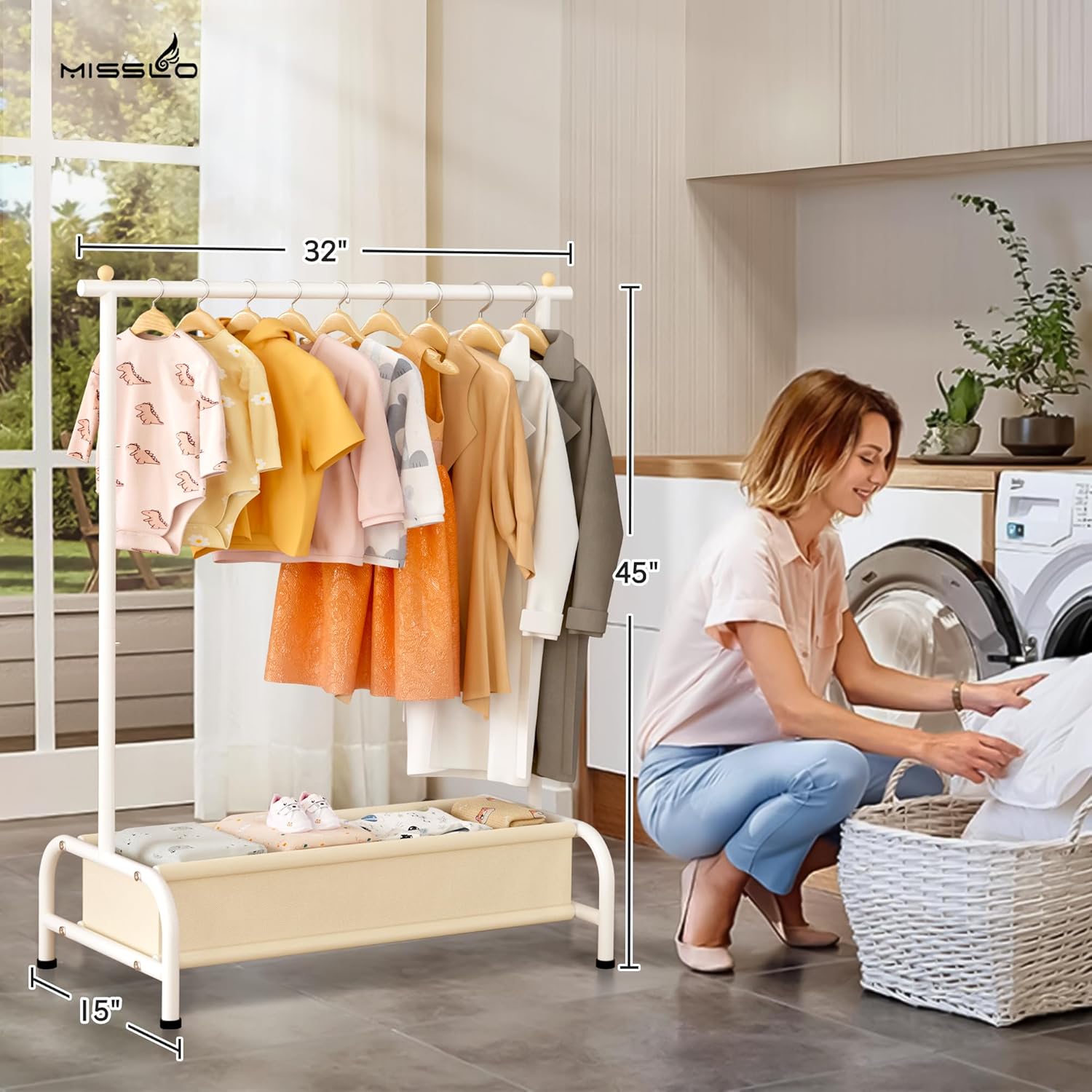 Suporte de Cabides Infantil com Cesto — Estrutura Metálica Estável, 114 cm, Ideal para Quarto, Roupa de Criança e Organização