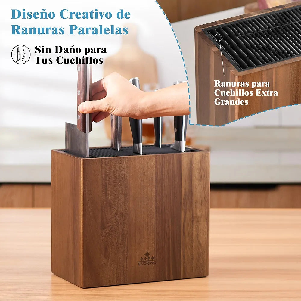 ENOKING Suporte facas de cozinha de madeira de acácia, suporte de facas de cozinha universal com tampa de plástico, suporte facas para facas e tesouras/haste de afiar