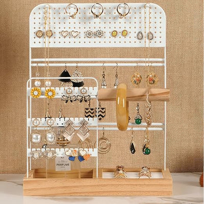 Jasfyee Expositor de Joias – Suporte Branco com Base em Madeira, 5 Zonas Independentes para Colares, Pulseiras, Anéis, Brincos e Acessórios