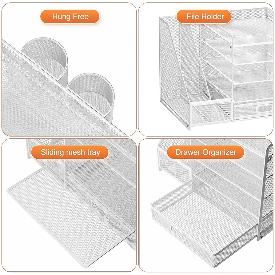 Marbrasse Organizador de secretária, 5 níveis organizador de bandeja de papel de malha, com gaveta e 2 suportes para canetas esferográficas, organizador de secretária armazenamento para casa