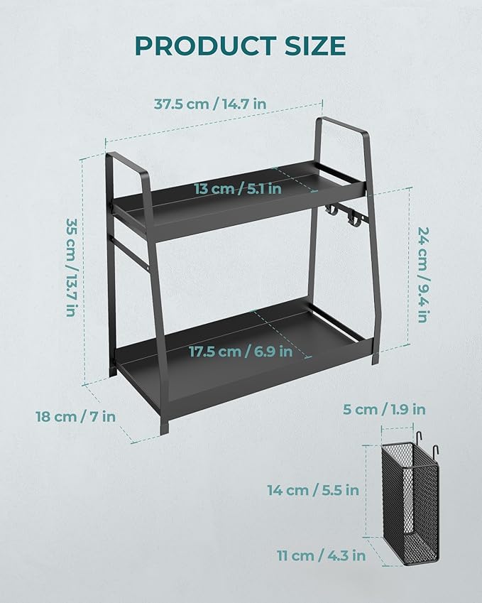 OROPY Prateleira Organizadora 2 Camadas para Bancada – Metal Preto com Cesta Suspensa e Ganchos