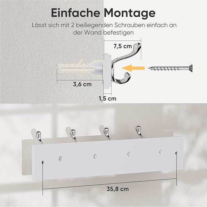 Cabide de Parede – Madeira MDF, 40 cm, 4 Ganchos - Branco
