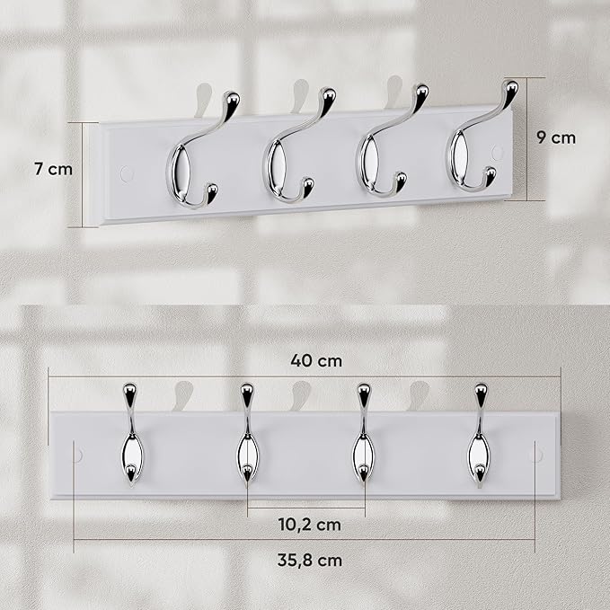 Cabide de Parede – Madeira MDF, 40 cm, 4 Ganchos - Branco