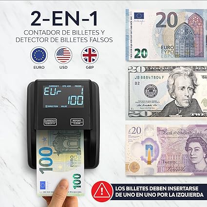 Detector de Notas Falsas e Contador 2 em 1 com Ecrã Tátil – Euros / USD / GBP – Portátil e Leve