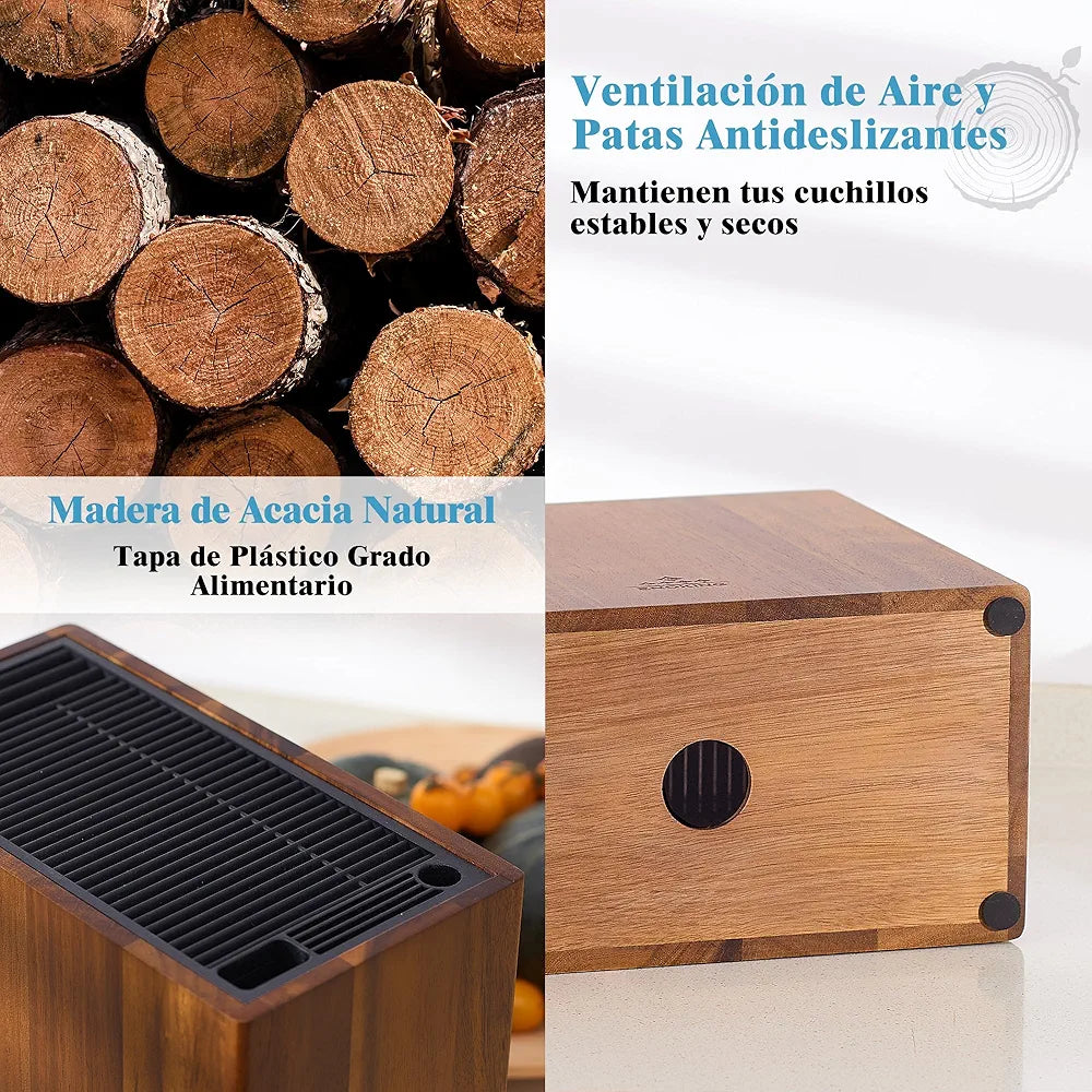 ENOKING Suporte facas de cozinha de madeira de acácia, suporte de facas de cozinha universal com tampa de plástico, suporte facas para facas e tesouras/haste de afiar