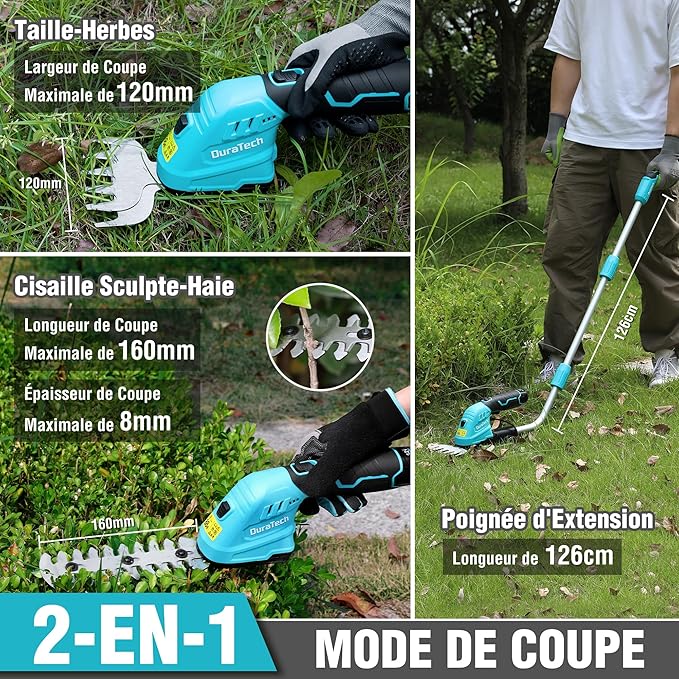 DURATECH Corta-Sebes e Aparador de Relva Telescópico 2 em 1 – 12V, Bateria 2000mAh, Azul & Preto