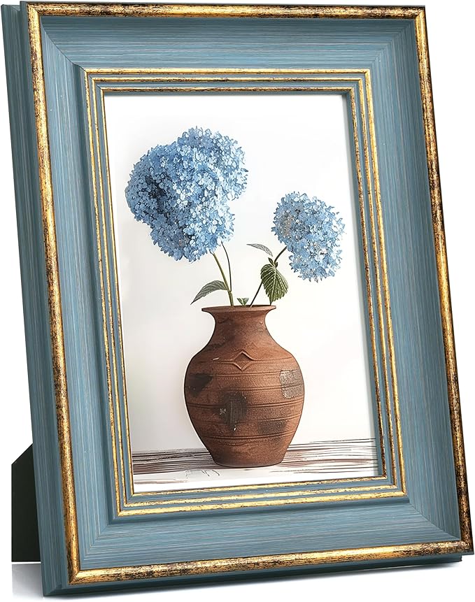 Afuly 13 x 18 Moldura de fotos vintage azul dourado retro antigo shabby moldura de fotos decorativa para parede, mesa, família, amigo, casamento, aniversário, dia da mãe para mãe, avó