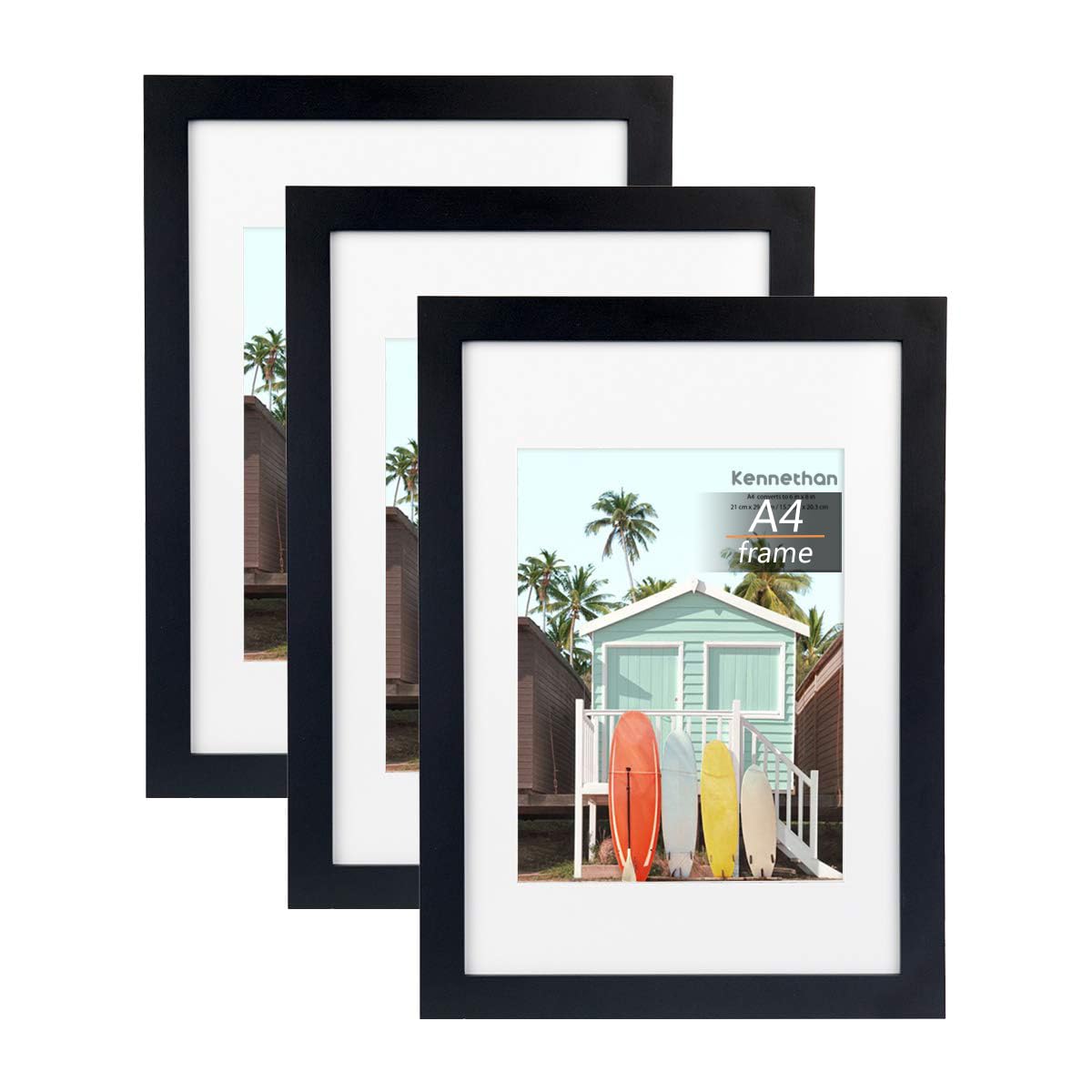 kennethan Picture Frame A4 Black Pack of 3 MDF wooden frames with acrylic glass, ideal for collages of portraits and certificates, A4 photo frames