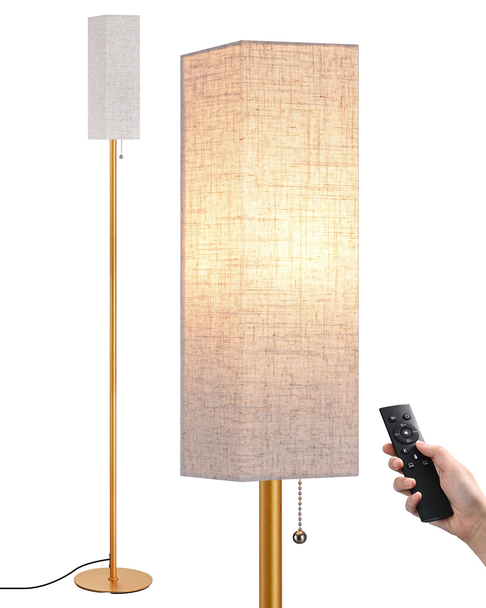 Candeeiro de Pé LED Dourado com Abajur em Linho, com Comando