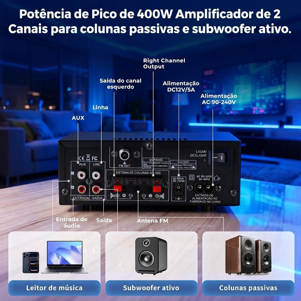 Amplificador de Áudio Stereo Romicta AK50 - 800 W, Bluetooth 5.0
