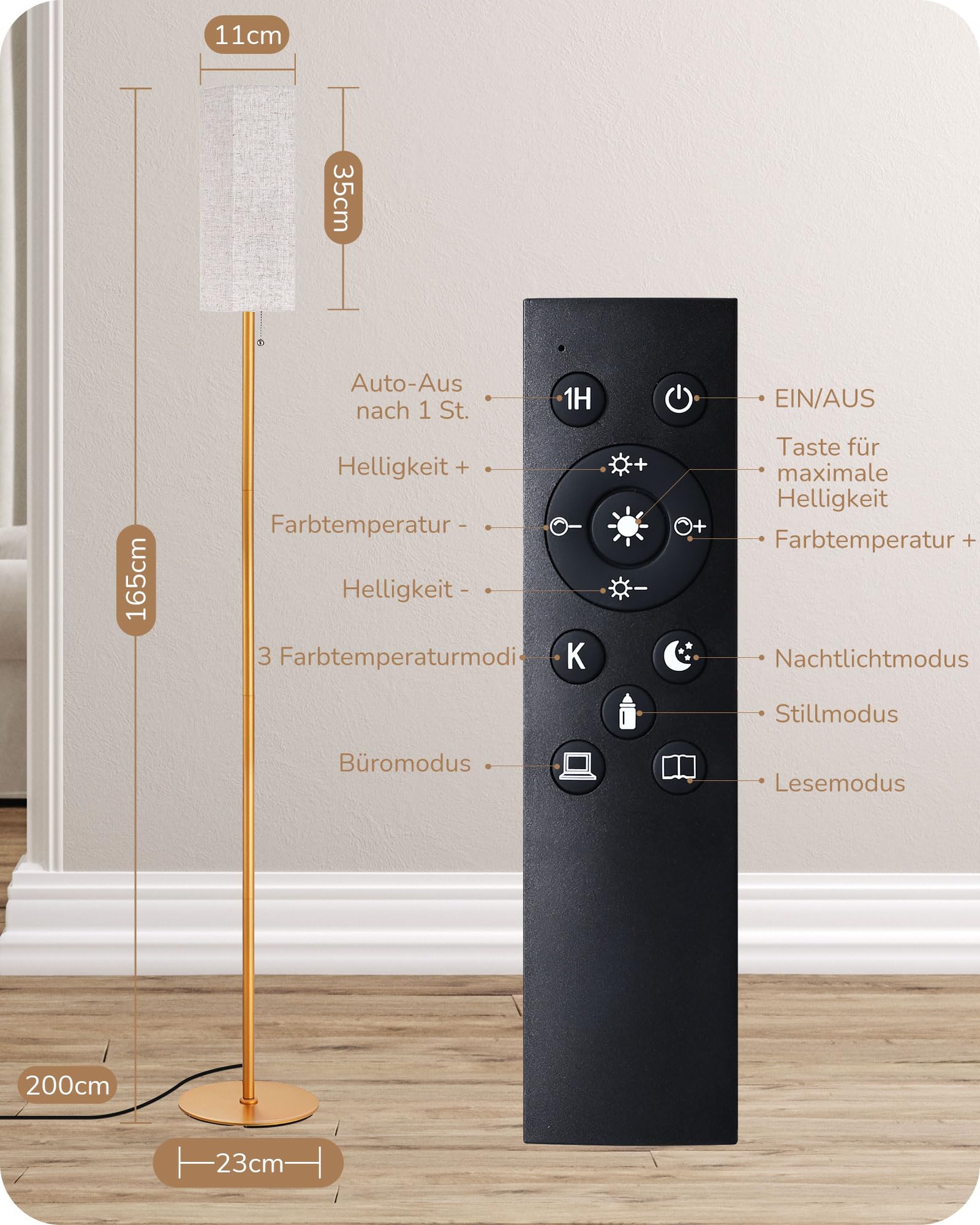 Candeeiro de Pé LED Dourado com Abajur em Linho, com Comando