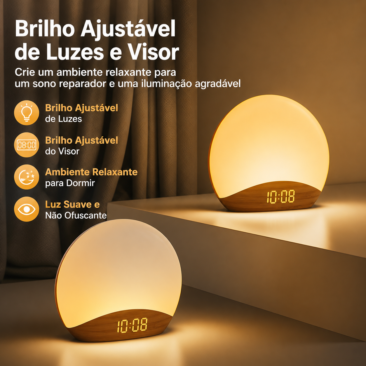 Despertador Sunrise REACHER com Sons Relaxantes e Luz Noturna