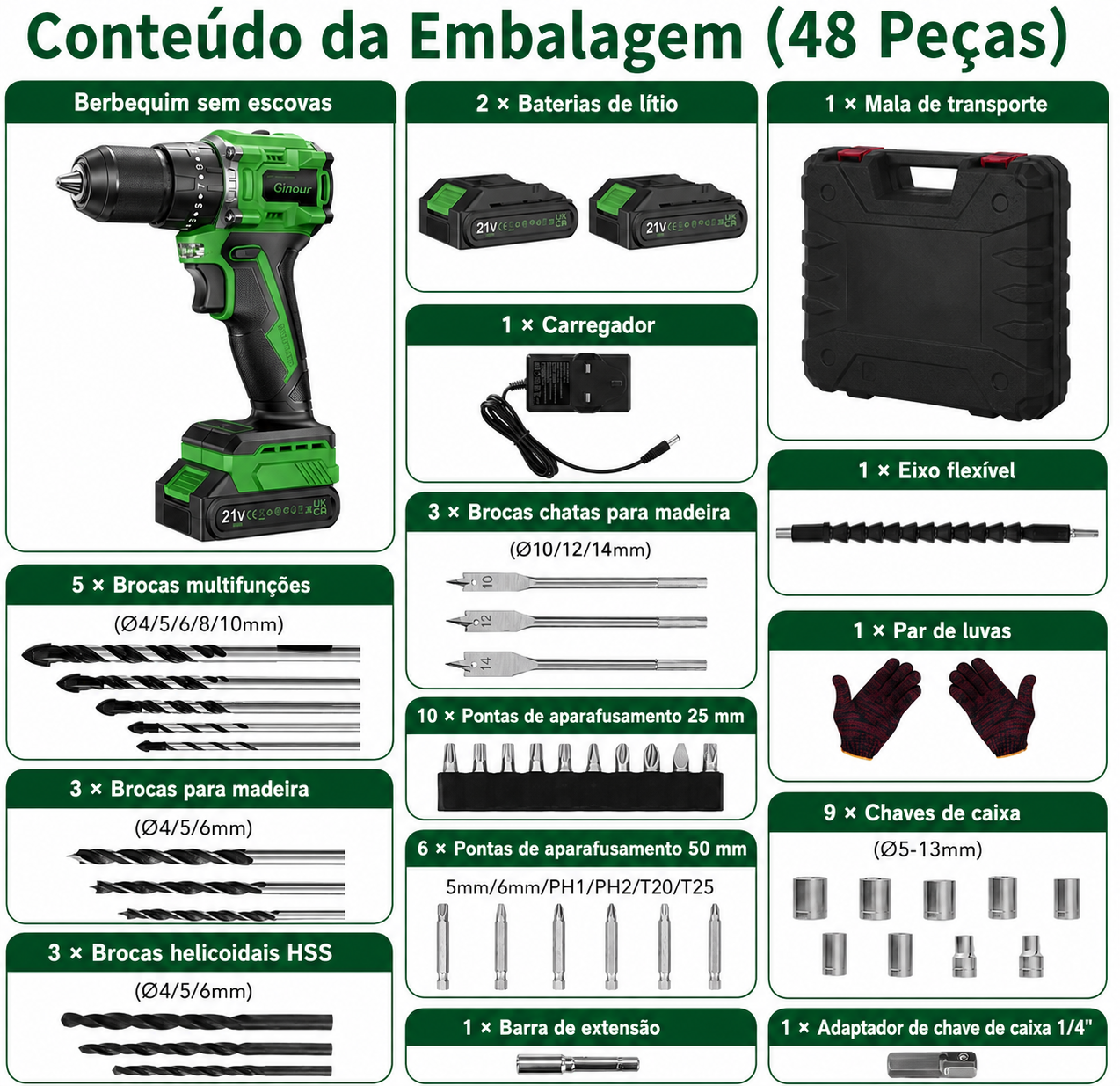 Berbequim Aparafusador Sem Fios Ginour 21V Brushless com 2 Baterias