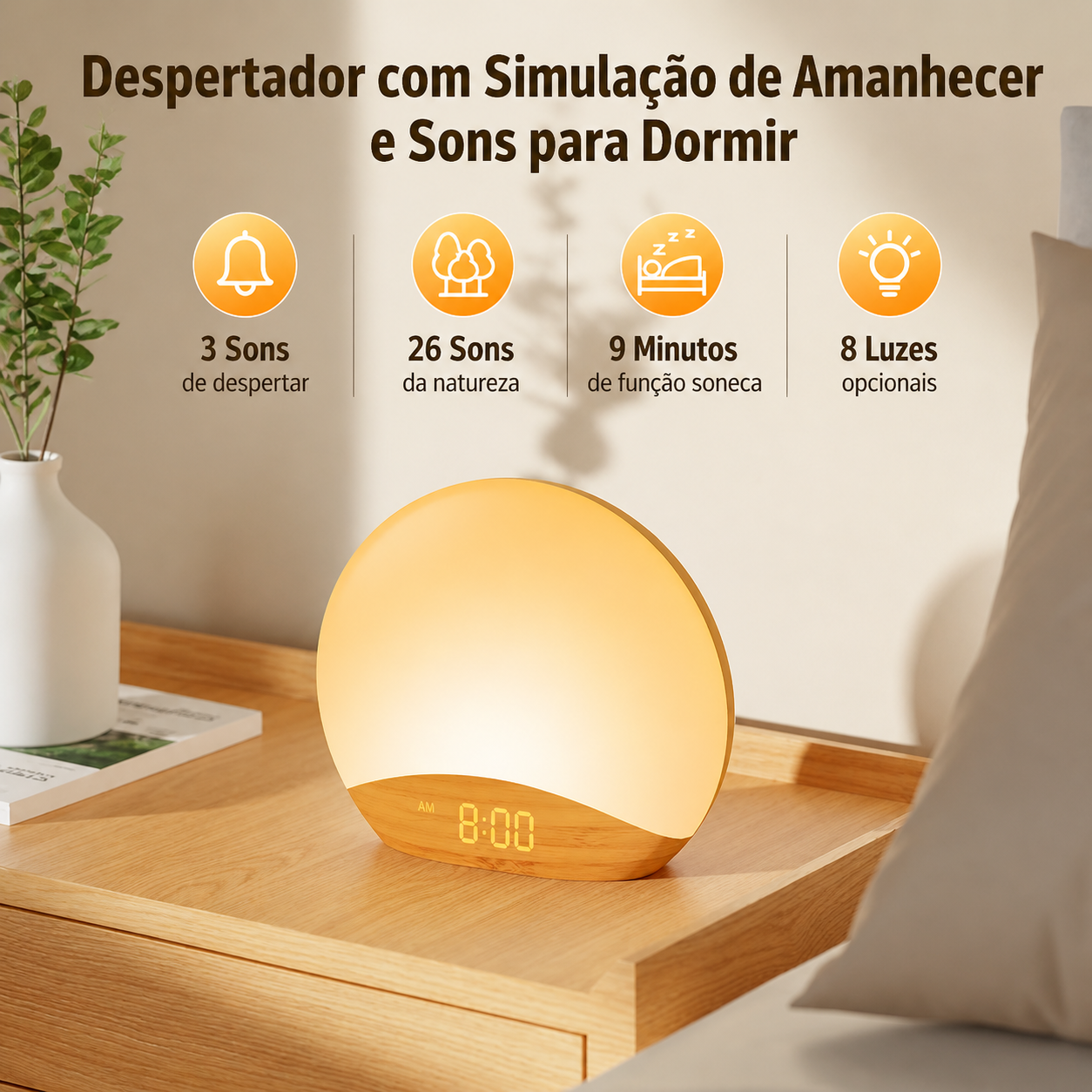 Despertador Sunrise REACHER com Sons Relaxantes e Luz Noturna