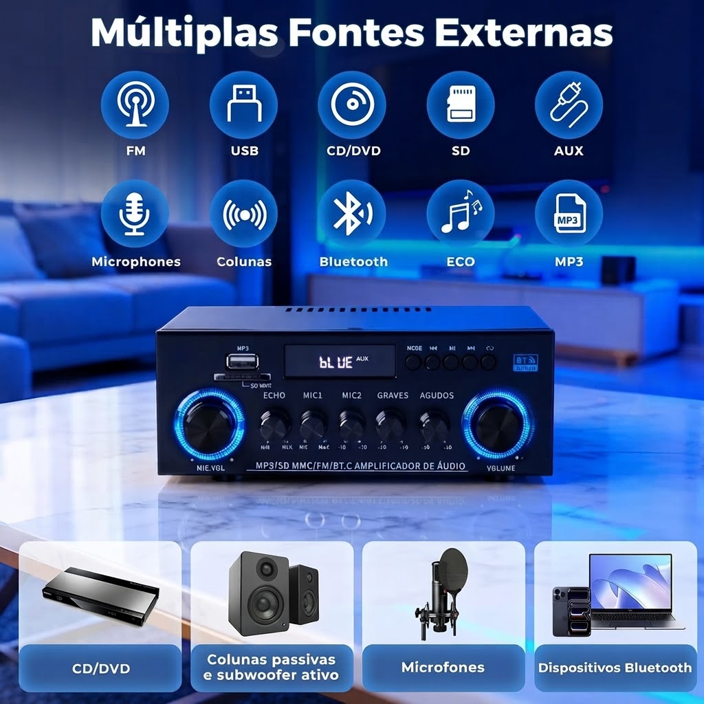 Amplificador de Áudio Stereo Romicta AK50 - 800 W, Bluetooth 5.0