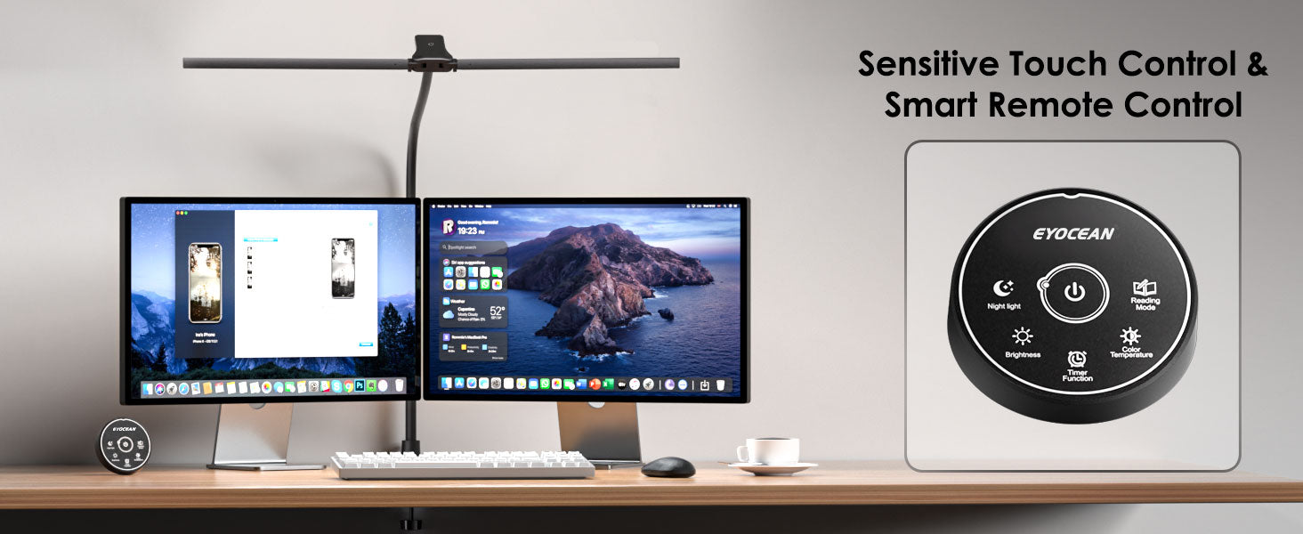 Candeeiro de mesa com controlo remoto, candeeiro LED de 80 cm para escritório em casa, luz de mesa de cabeçao dupla de 24 W, regulável e com temperatura de cor, luz para monitor de computador