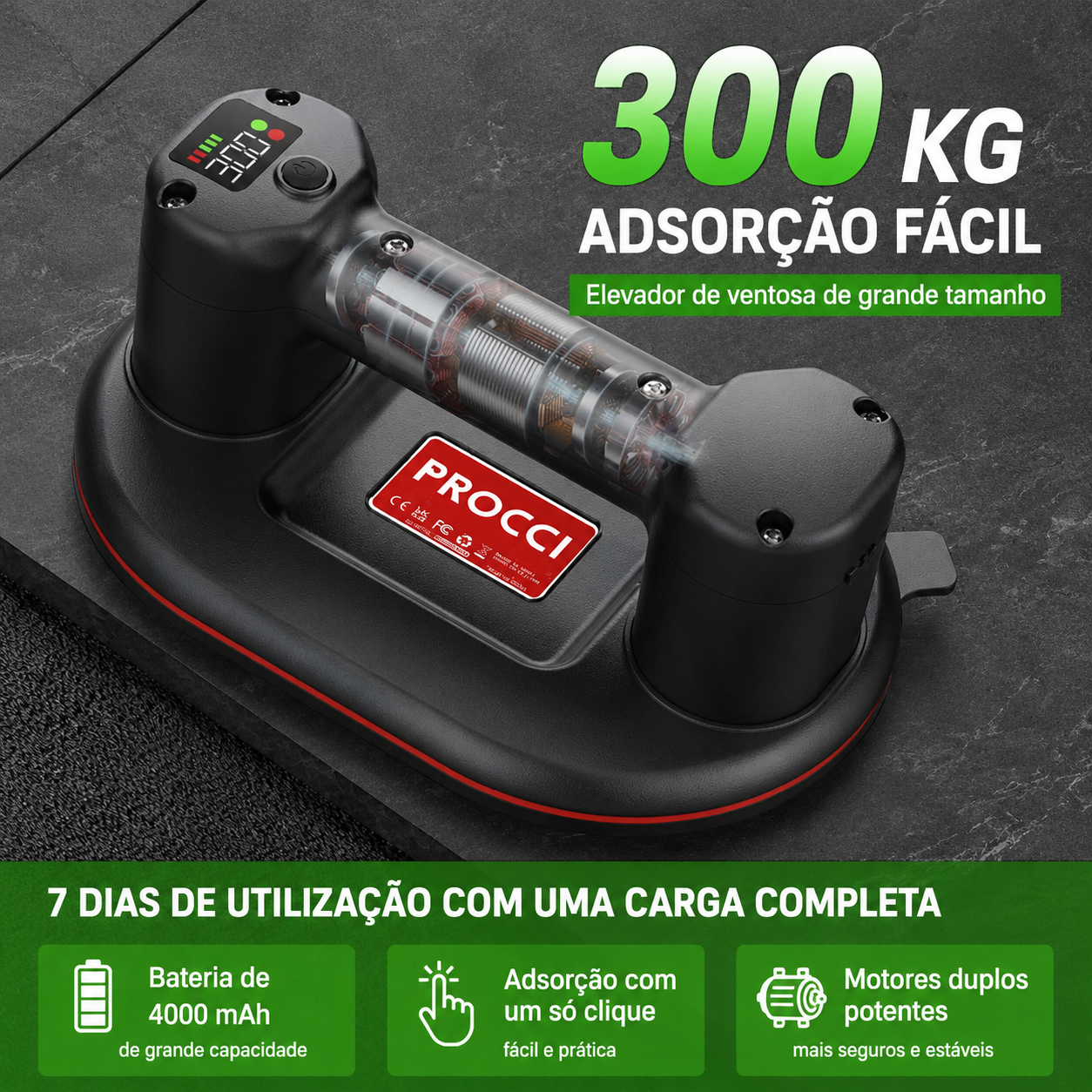 Ventosa Elétrica Profissional a Bateria para Azulejos e Vidro - até 300kg
